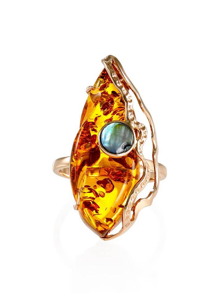 Cognac Amber Golden Cocktail Ring With Nacre The Atlantis, Ring Size: Adjustable, image , picture 3