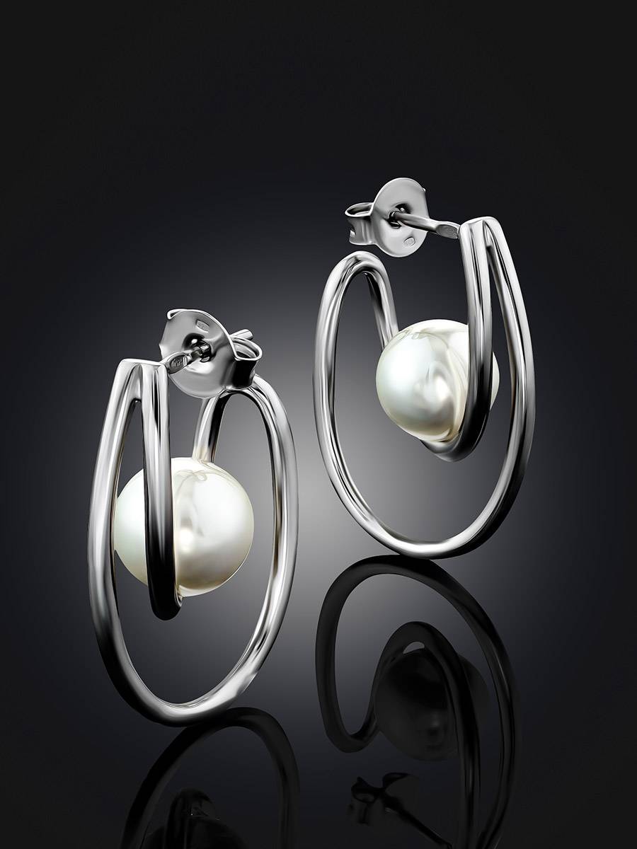 Curvaceous Silver Pearl Stud Earrings The Palazzo, image , picture 2