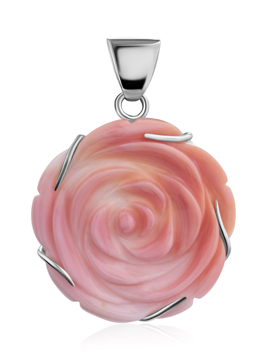 Chic Rose Motif Silver And Oyster Shell Pendant, image 