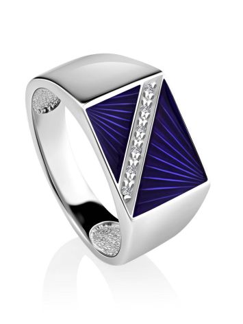 Geometric Unisex Silver Signet Ring With Enamel And Diamonds The Heritage, Ring Size: 9 / 19, image 