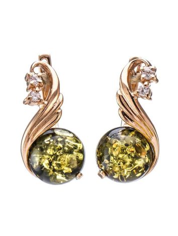 Refined Green Amber Earrings With Crystals The Swan, image 