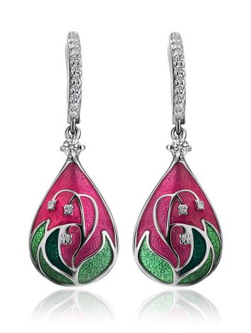 Pink Enamel Drop Earrings With Crystals The Romanov, image 