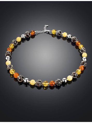 Ball Beaded Necklace With Multicolor Amber And Silver, image , picture 2