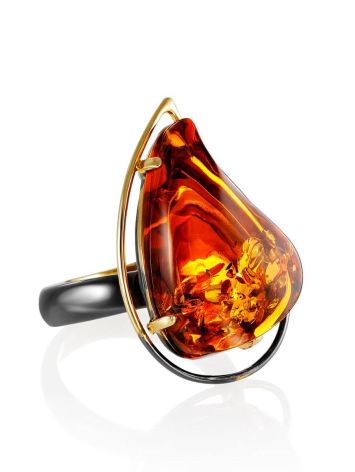 GOLD PLATED COCKTAIL RING WITH COGNAC AMBER THE RIALTO, Ring Size: Adjustable, image 