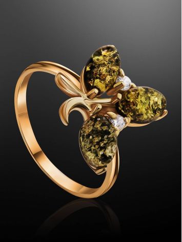 Gold-Plated Ring With Green Amber With Crystals The Verbena, Ring Size: 6.5 / 17, image , picture 2