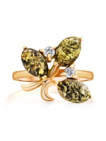 Gold-Plated Ring With Green Amber With Crystals The Verbena, Ring Size: 6.5 / 17, image , picture 4
