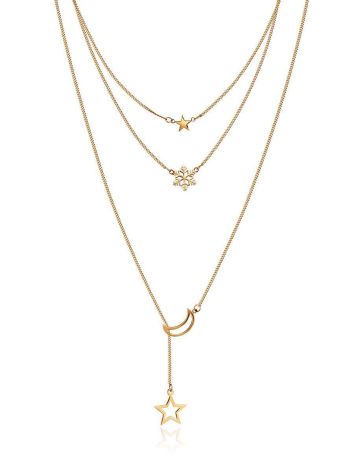 Multi Layer Golden Necklace With Crescent And Stars, image 