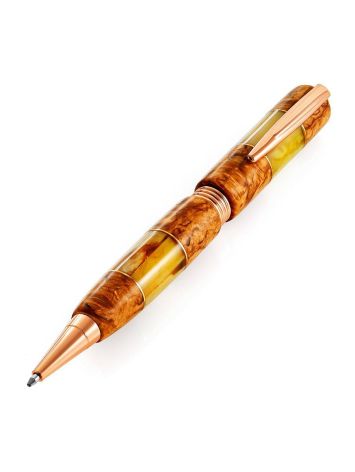 Handcrafted Birch Wood Ball Pen With Amber Stone, image 
