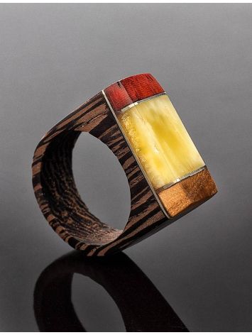 Handcrafted Wenge Wood Ring With Honey Amber The Indonesia, Ring Size: 7 / 17.5, image , picture 2