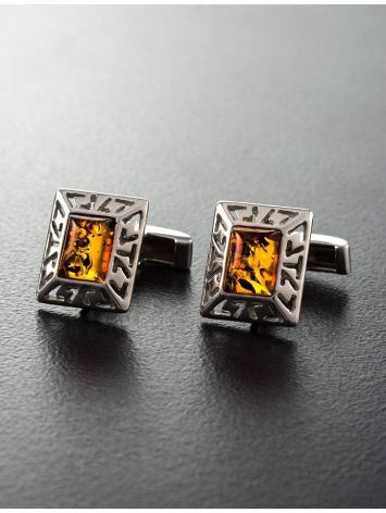 Stylish Geometric Cufflinks With Cognac Amber In Silver The Ithaca, image , picture 6