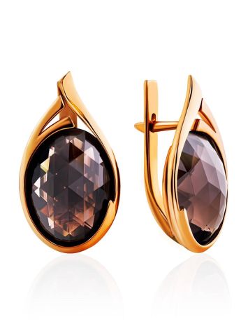 Golden Earrings With Oval Smoky Quartz Centerpieces, image 