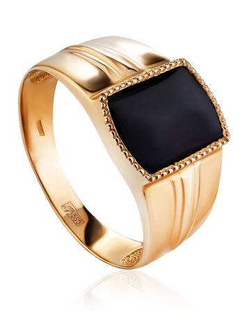 Объемное золотое кольцо-печатка с темным агатом, Ring Size: / 23.5, image 