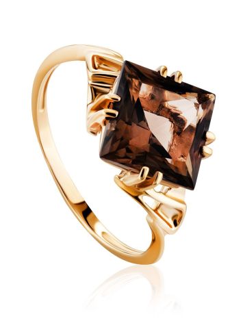 Geometric Golden Ring With Smoky Quartz Centerstone, Ring Size: 8 / 18, image 
