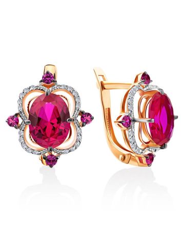 Amazing Golden Earrings With Ruby And Diamonds, image 
