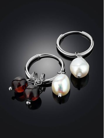 Transformable Silver Hoop Earrings With Natural Cherry Amber And Baroque Pearls The Palazzo, image , picture 2