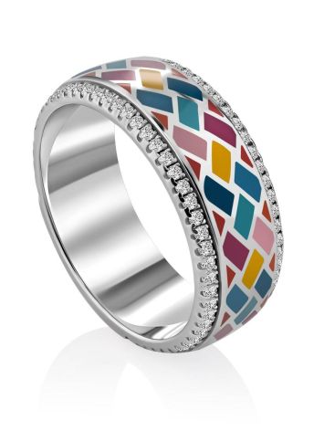 Geometric Design Silver Enamel Band Ring, Ring Size: 8 / 18, image 