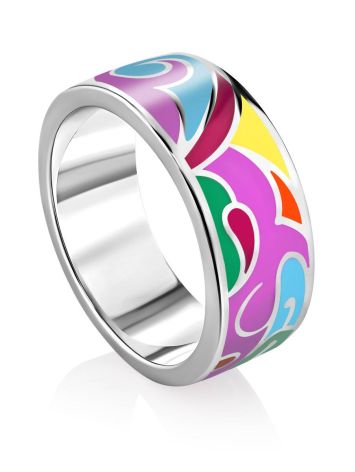Abstract Design Silver Enamel Band Ring, Ring Size: 6.5 / 17, image 