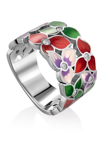 Floral Design Silver Enamel Band Ring, Ring Size: 8 / 18, image 