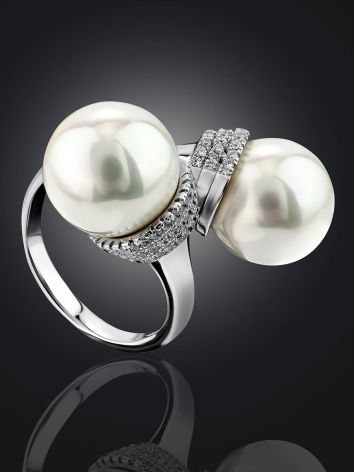 Fabulous Bypass Design Silver Pearl Ring, Ring Size: 7 / 17.5, image , picture 2
