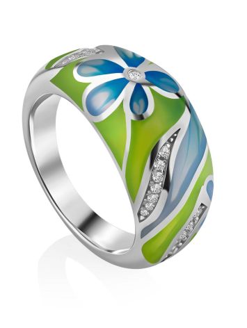 Floral Design Silver Enamel Ring, Ring Size: 7 / 17.5, image 