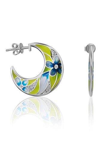 Floral Design Silver Enamel Hoop Earrings, image 