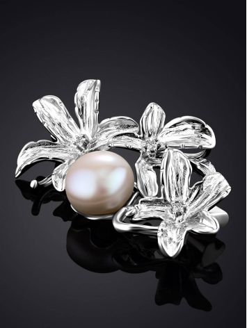 ClassyFloral Design Silver Brooch With Pearl And Crystals, image , picture 2