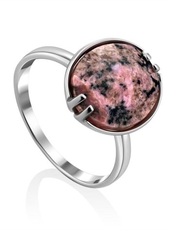 Chic Silver Ring With Faceted Oval Rhodonite Stone, Ring Size: 8.5 / 18.5, image 