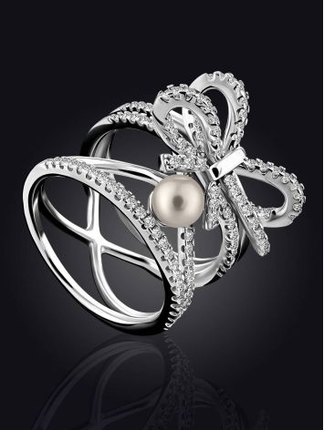 Charming Silver Bow Ring With Pearl And Crystals, Ring Size: 6 / 16.5, image , picture 2