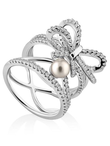 Charming Silver Bow Ring With Pearl And Crystals, Ring Size: 6 / 16.5, image 