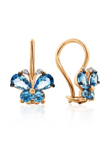 Butterfly Motif Golden Earrings With Blue Crystals, image 