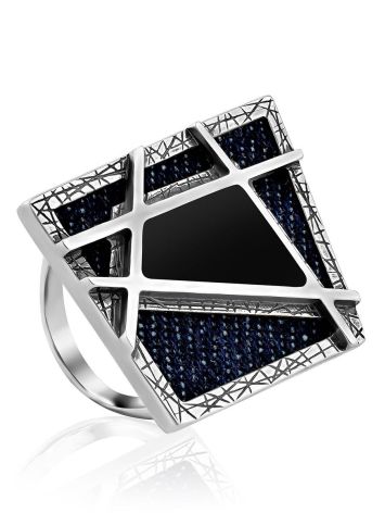 Geometric Design Silver Ring With Denim And Volcanic Glass, Ring Size: 9 / 19, image 