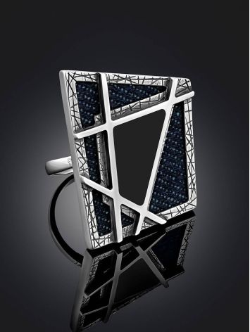 Geometric Design Silver Ring With Denim And Volcanic Glass, Ring Size: 9 / 19, image , picture 2