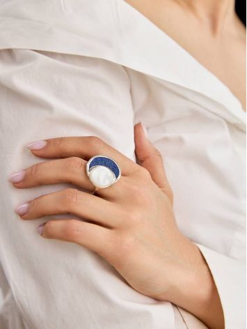 Designer Silver Cocktail Ring With Denim And Nacre, Ring Size: 8 / 18, image , picture 3