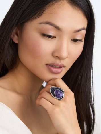 Fabulous Silver Cocktail Ring With Charoite And Denim, Ring Size: 8.5 / 18.5, image , picture 3