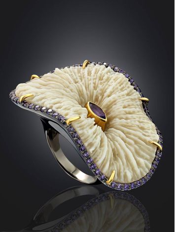 Unique Silver Cocktail Ring With Amethyst And Coral, Ring Size: 8.5 / 18.5, image , picture 2
