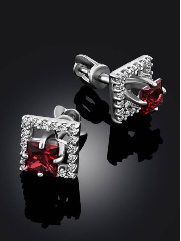 Classy Square Silver Studs With Red Stone And Crystals, image , picture 2