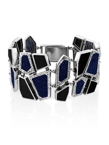 Chunky Silver Obsidian Bracelet With Denim Details, image 