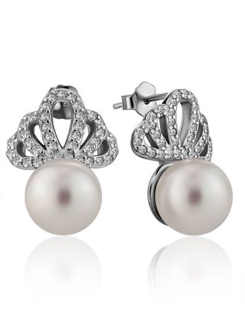 Classy Silver Pearl Stud Earrings With Crystals, image 