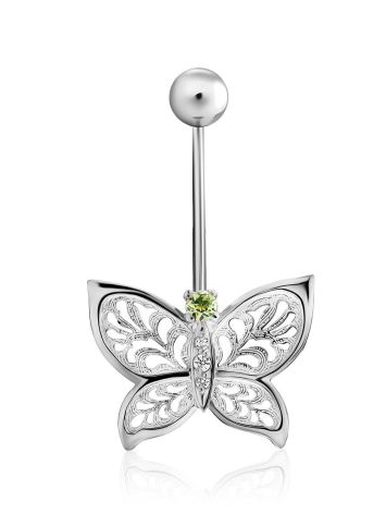 Butterfly Motif Silver Chrysolite Navel Piercing, image 