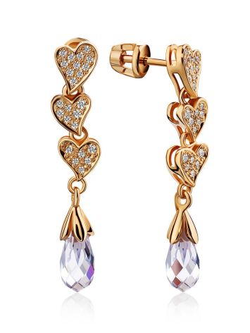 Cute Heart Motif Gilded Silver Crystal Stud Earrings, image 