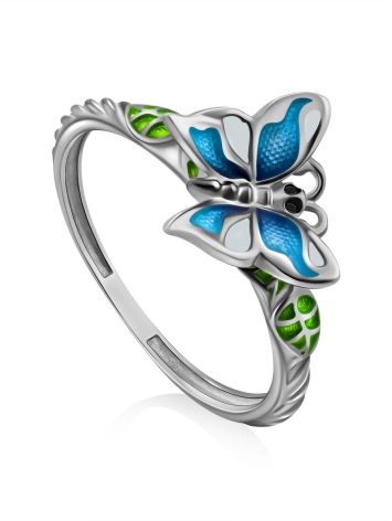 Cute Silver Enamel Butterfly Motif Ring, Ring Size: 7 / 17.5, image 