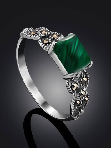Chic Silver Malachite Ring With Marcasites, Ring Size: 8.5 / 18.5, image , picture 2