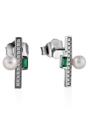 Sophisticated Design Silver Pearl Stud Earrings, image 