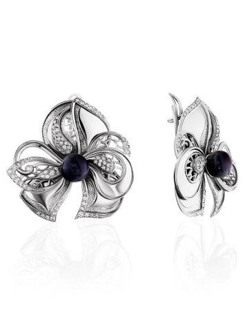 Floral Design Silver Pearl Earrings, image 