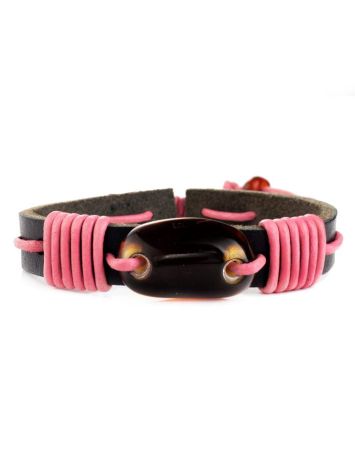 Leather Bracelet With Cognac Amber And Pink Cord The Copacabana, image , picture 3