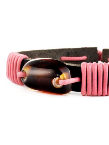 Leather Bracelet With Cognac Amber And Pink Cord The Copacabana, image , picture 4