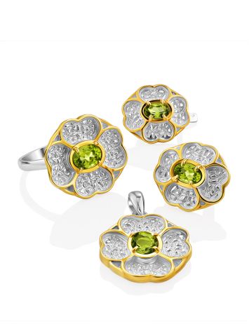Four Petal Floral Design Silver Chrysolite Earrings, image , picture 3