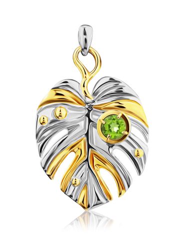 Lustrous Leaf Design Silver Chrysolite Pendant, image 