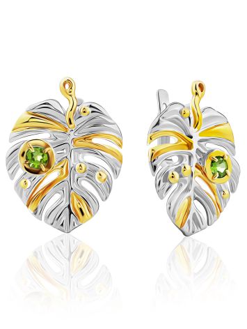 Lustrous Leaf Design Silver Chrysolite Earrings, image 