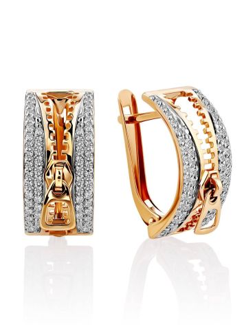 Zipper Design Gold Crystal Statement Earrings, image 